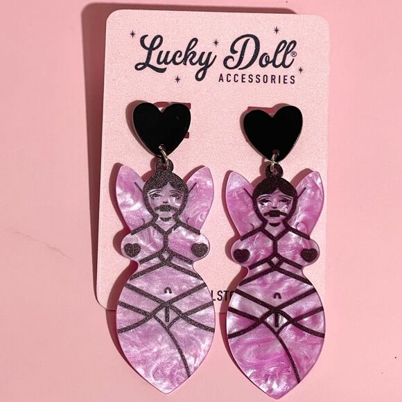 Jewelry - Retro Pinup Bondage Pearlized Purple Heart Stud Acrylic Dangling Earrings